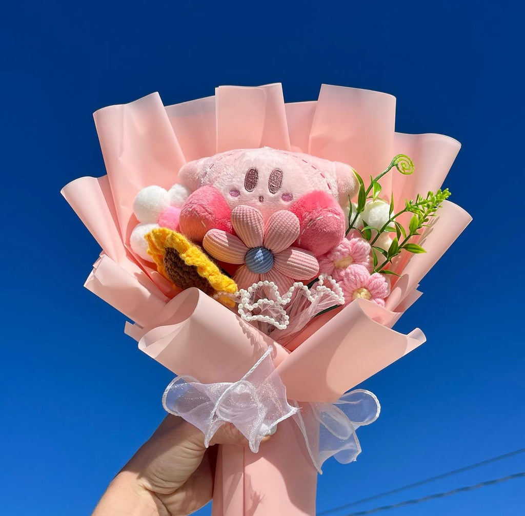 PUFFY PINK - Bouquet peluche et fleurs crochetees