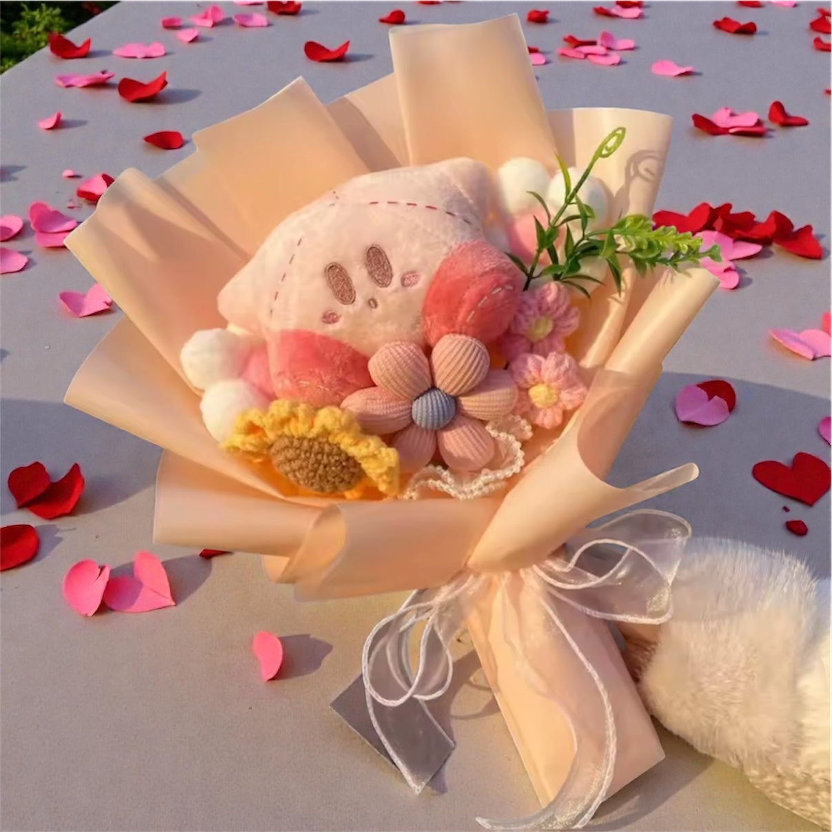 PUFFY PINK - Bouquet peluche et fleurs crochetees